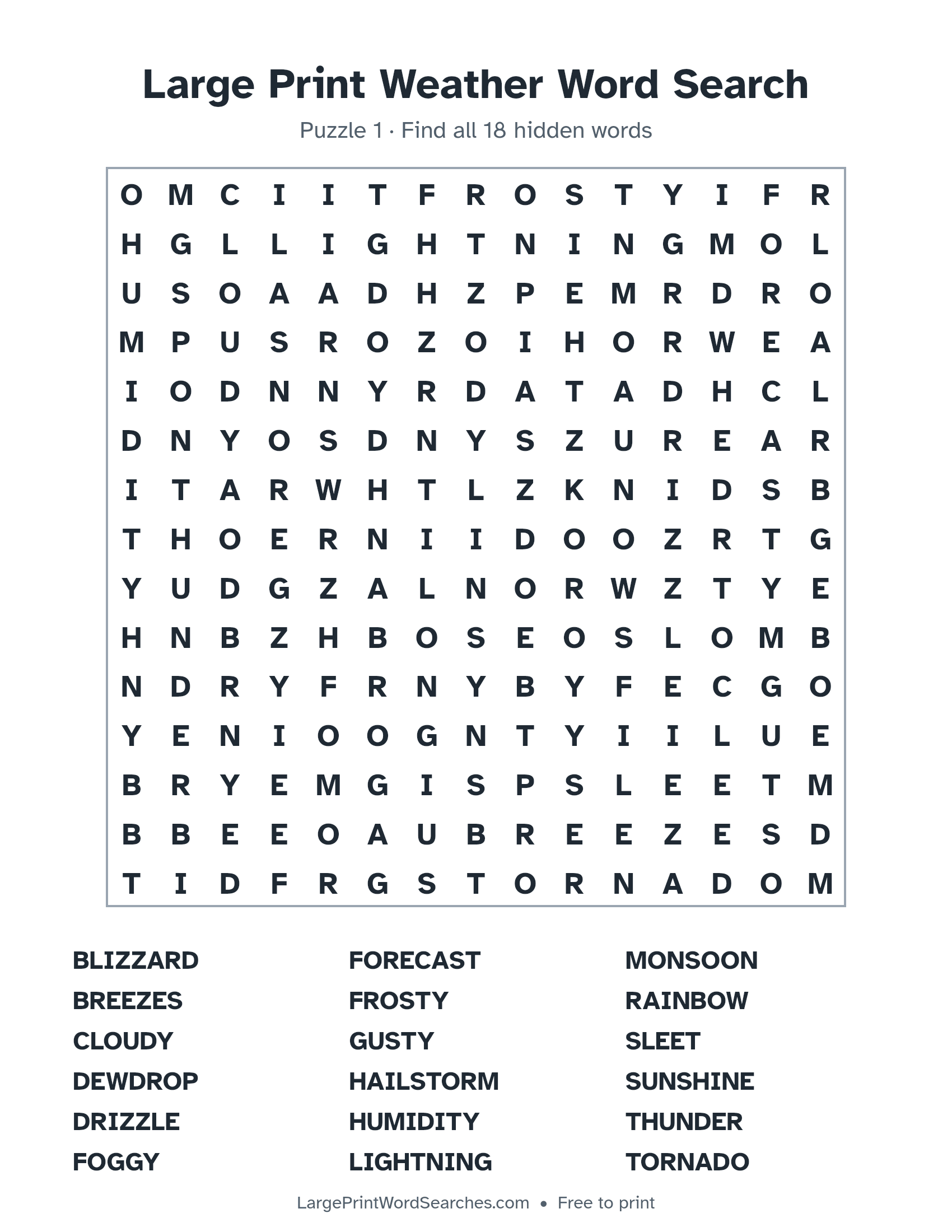 Large Print Weather Word Search puzzle 1: a 15 by 15 letter grid with 18 hidden words in large print