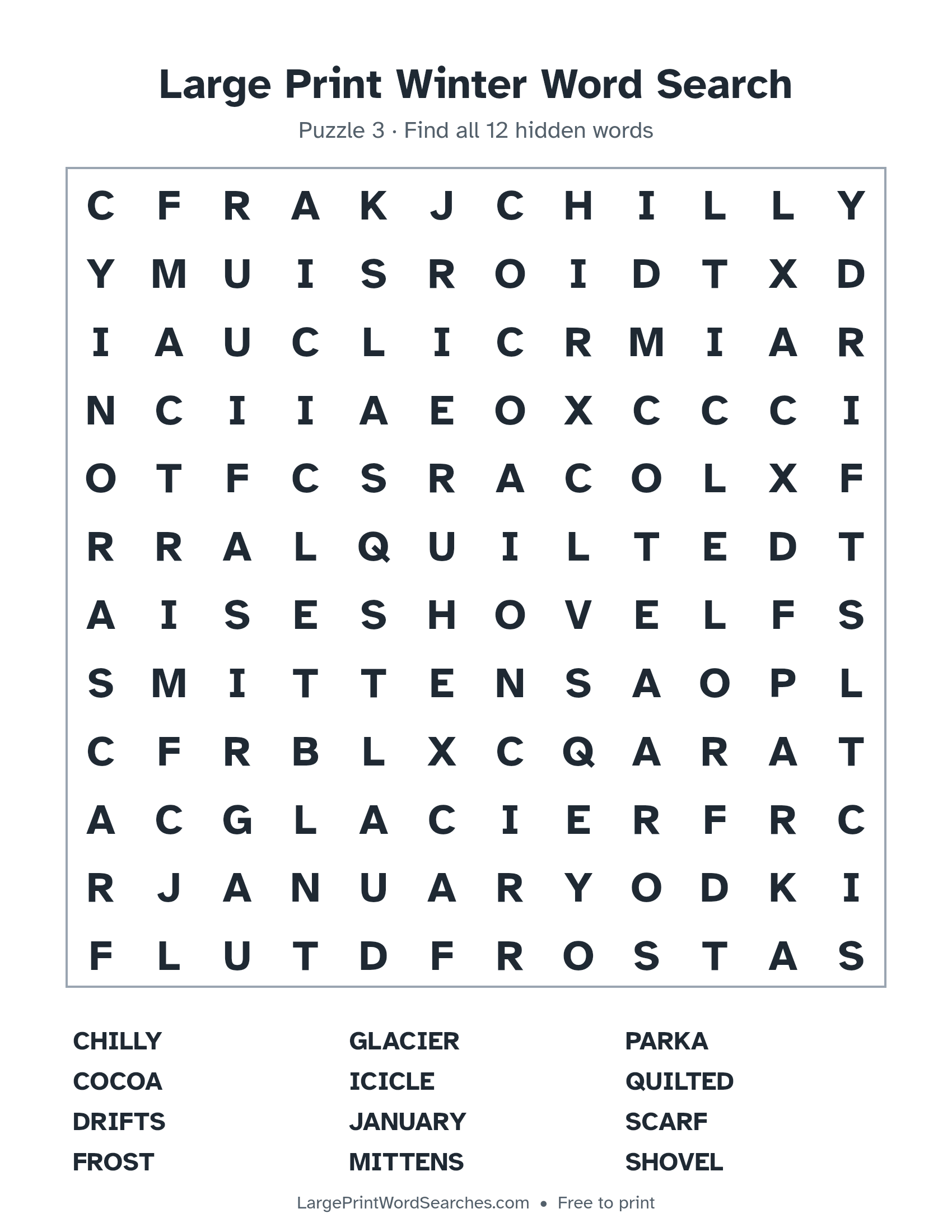 Large Print Winter Word Search puzzle 3: a 12 by 12 letter grid with 12 hidden words in large print