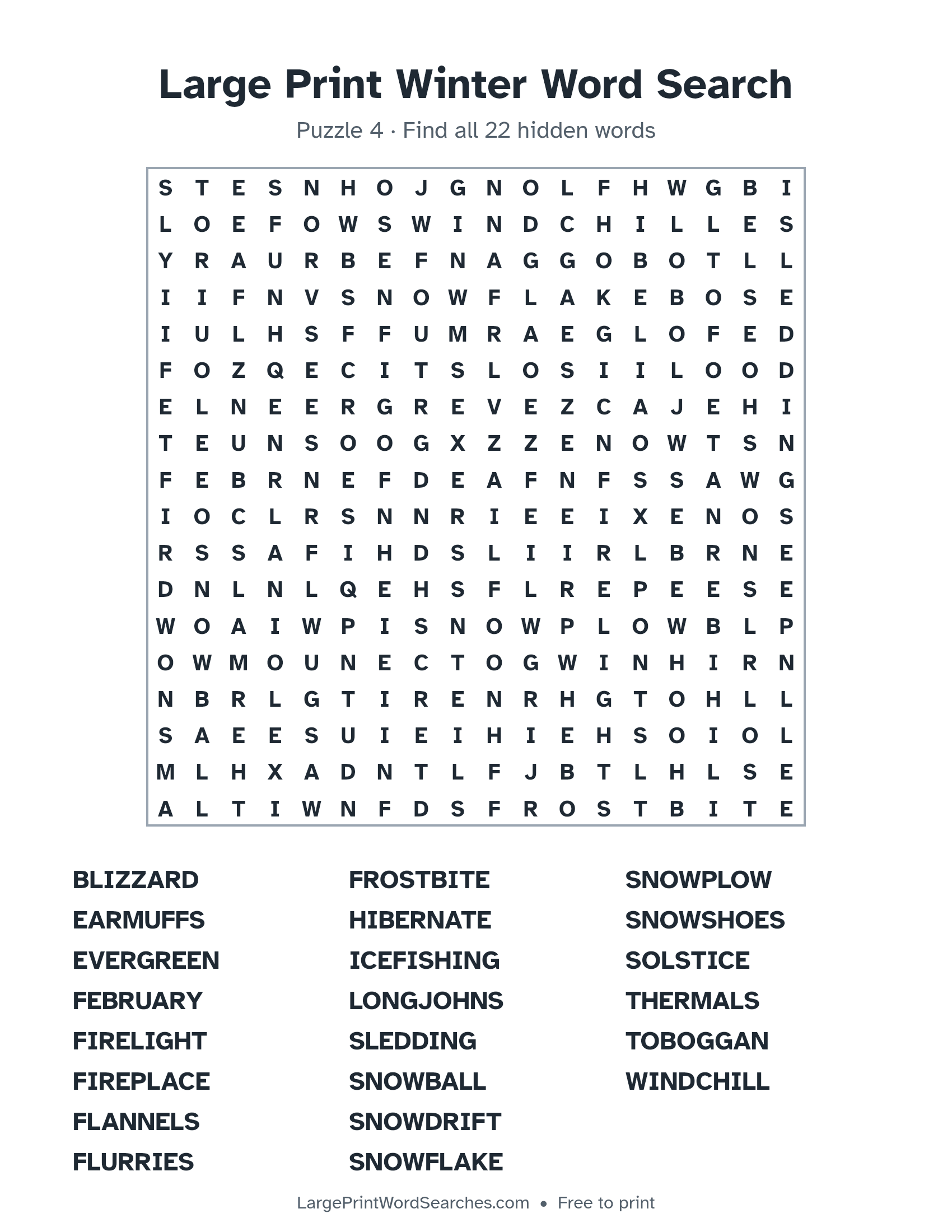 Large Print Winter Word Search puzzle 4: a 18 by 18 letter grid with 22 hidden words in large print