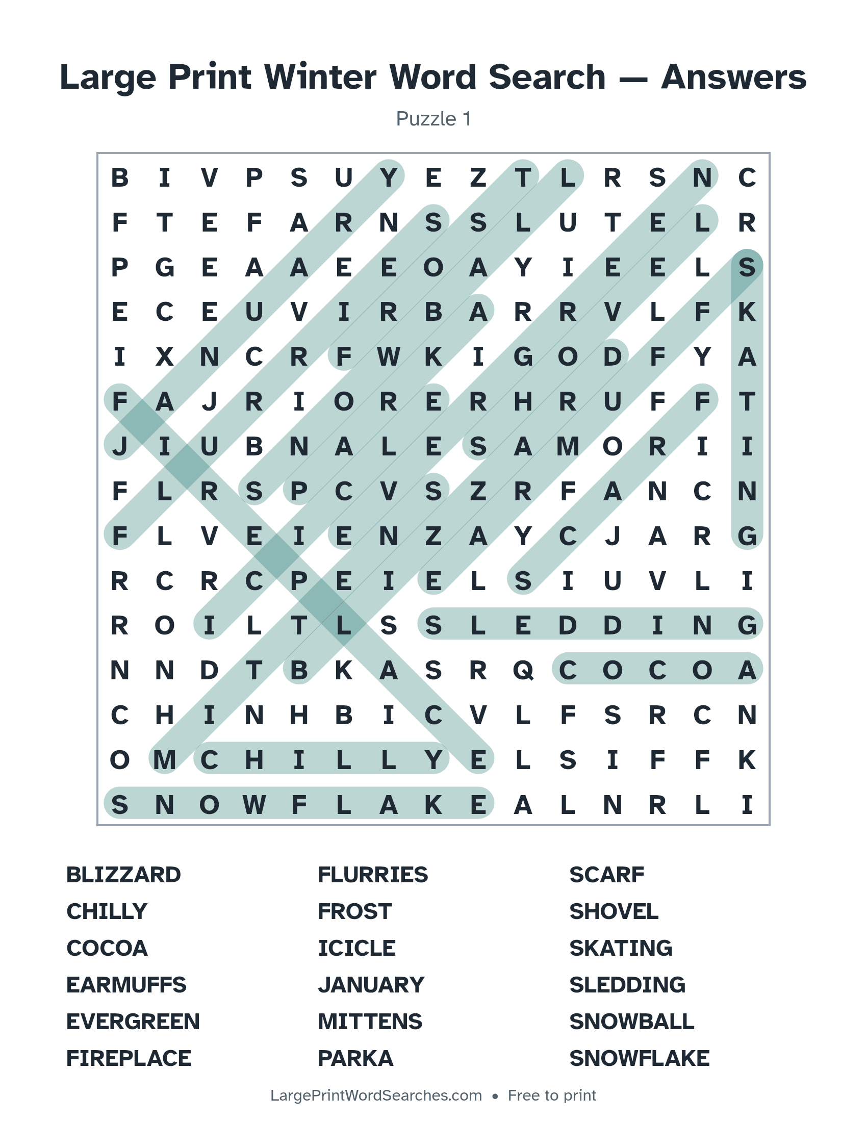 Answer key for large print winter word search puzzle 1 with every hidden word highlighted
