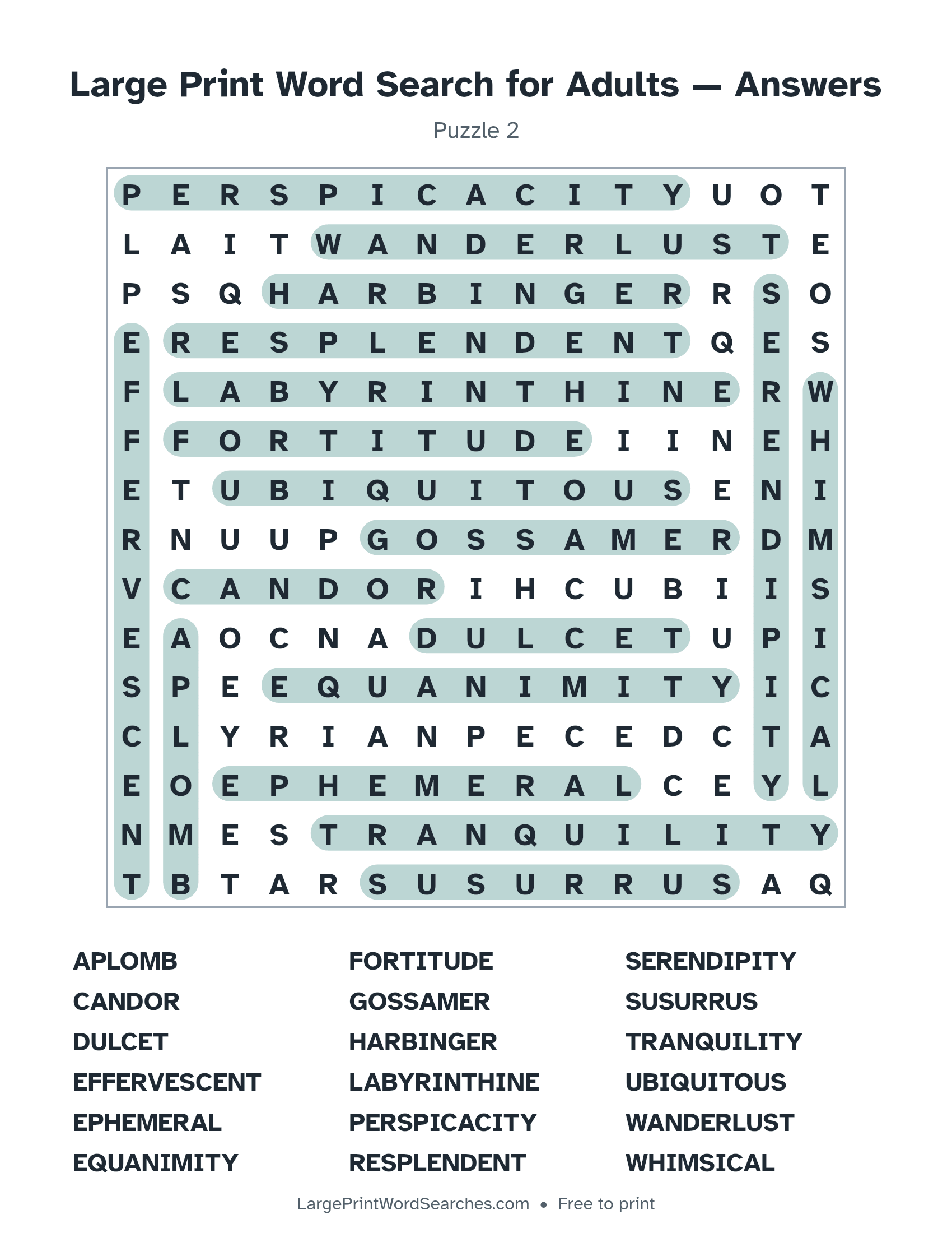 Answer key for large print word search for adults puzzle 2 with every hidden word highlighted