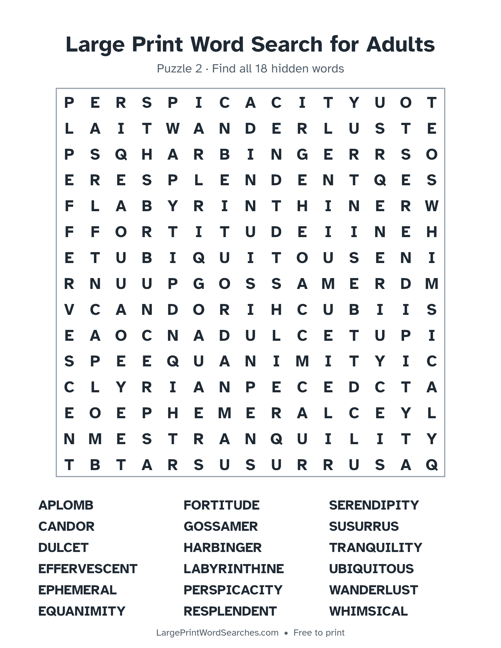Large Print Word Search for Adults puzzle 2: a 15 by 15 letter grid with 18 hidden words in large print