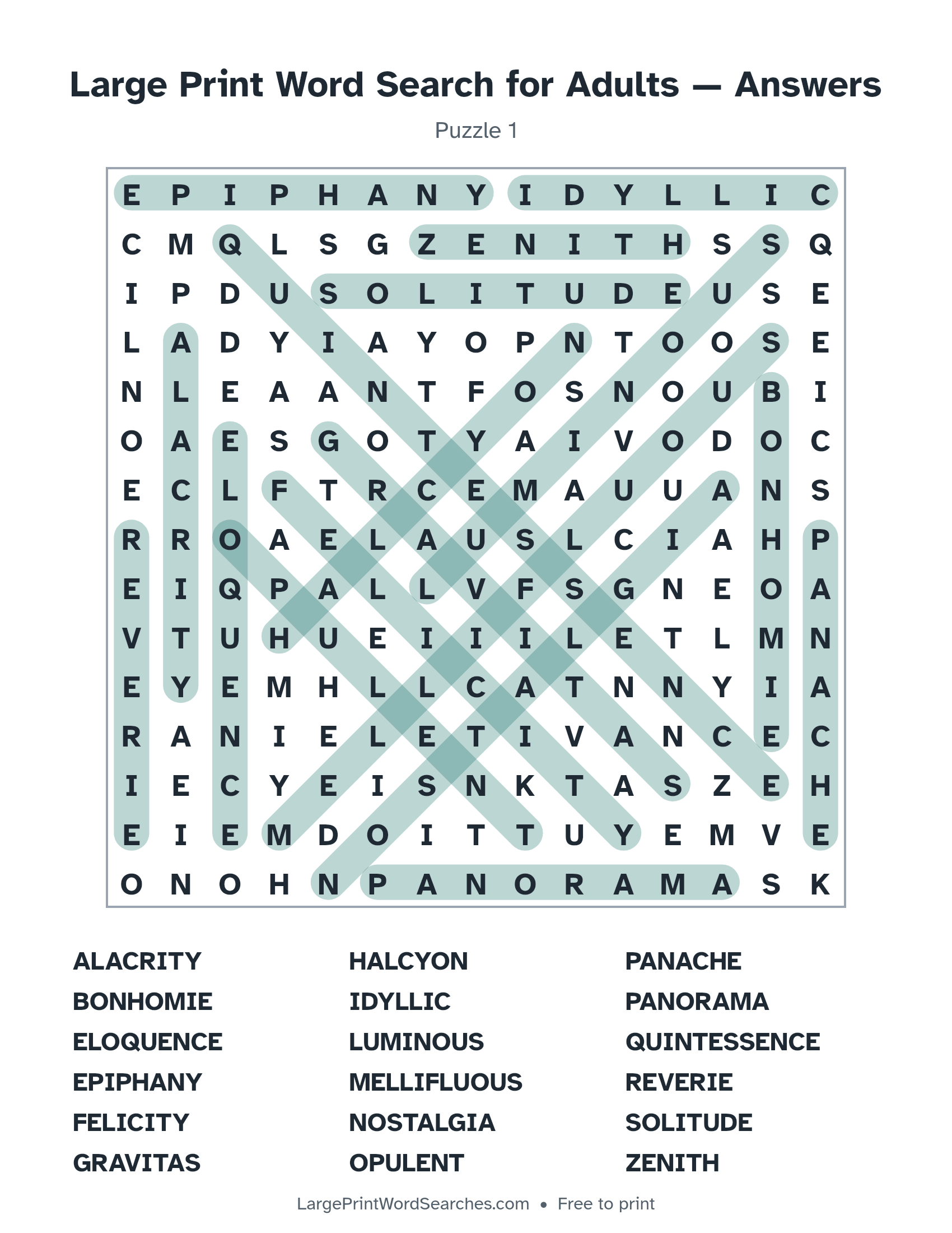 Answer key for large print word search for adults puzzle 1 with every hidden word highlighted