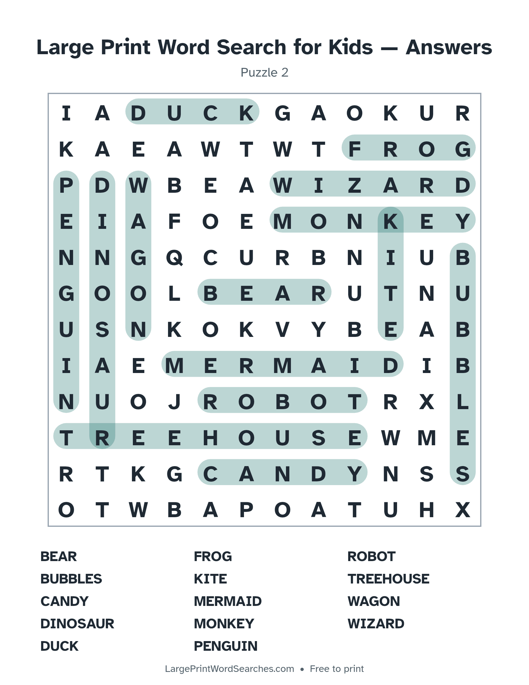 Answer key for large print word search for kids puzzle 2 with every hidden word highlighted