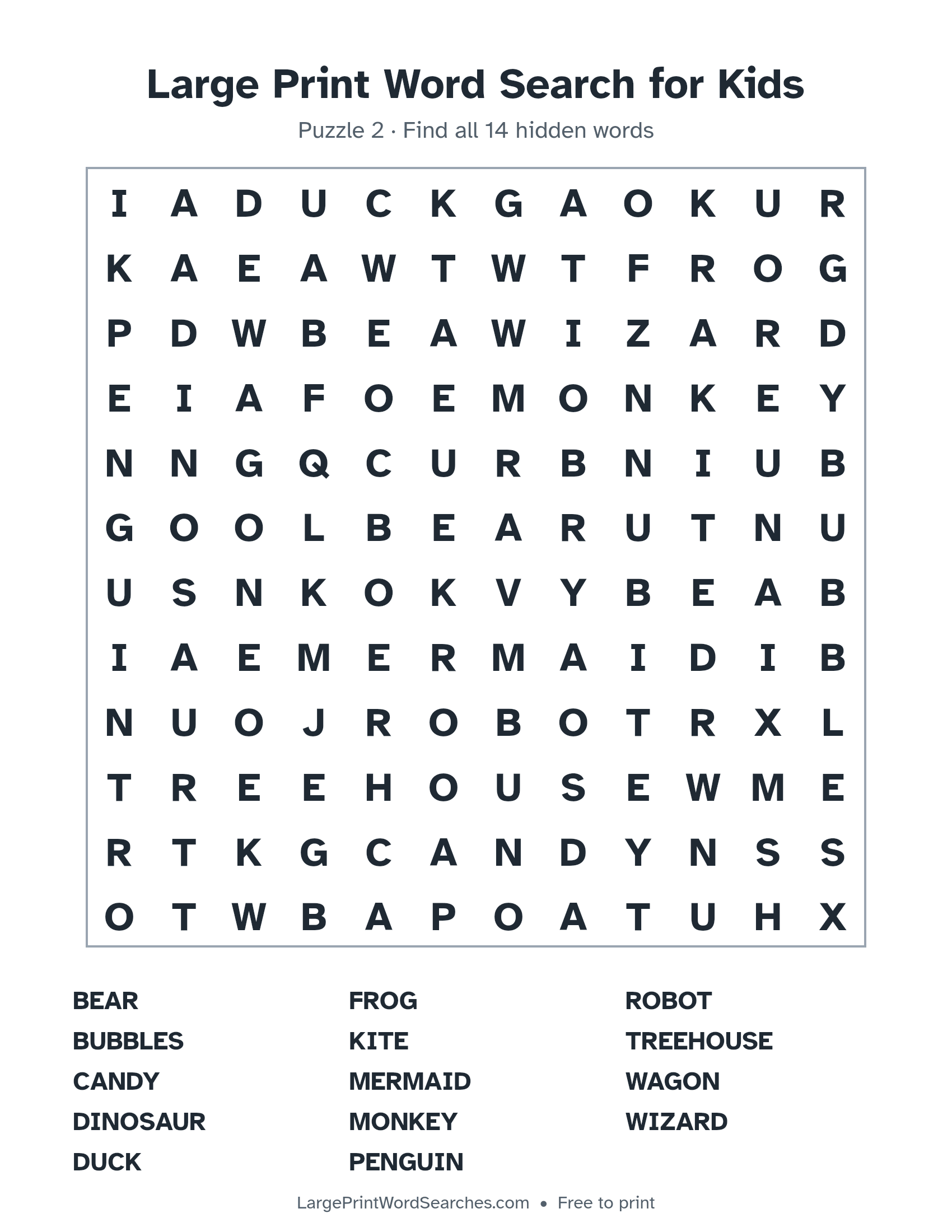 Large Print Word Search for Kids puzzle 2: a 12 by 12 letter grid with 14 hidden words in large print