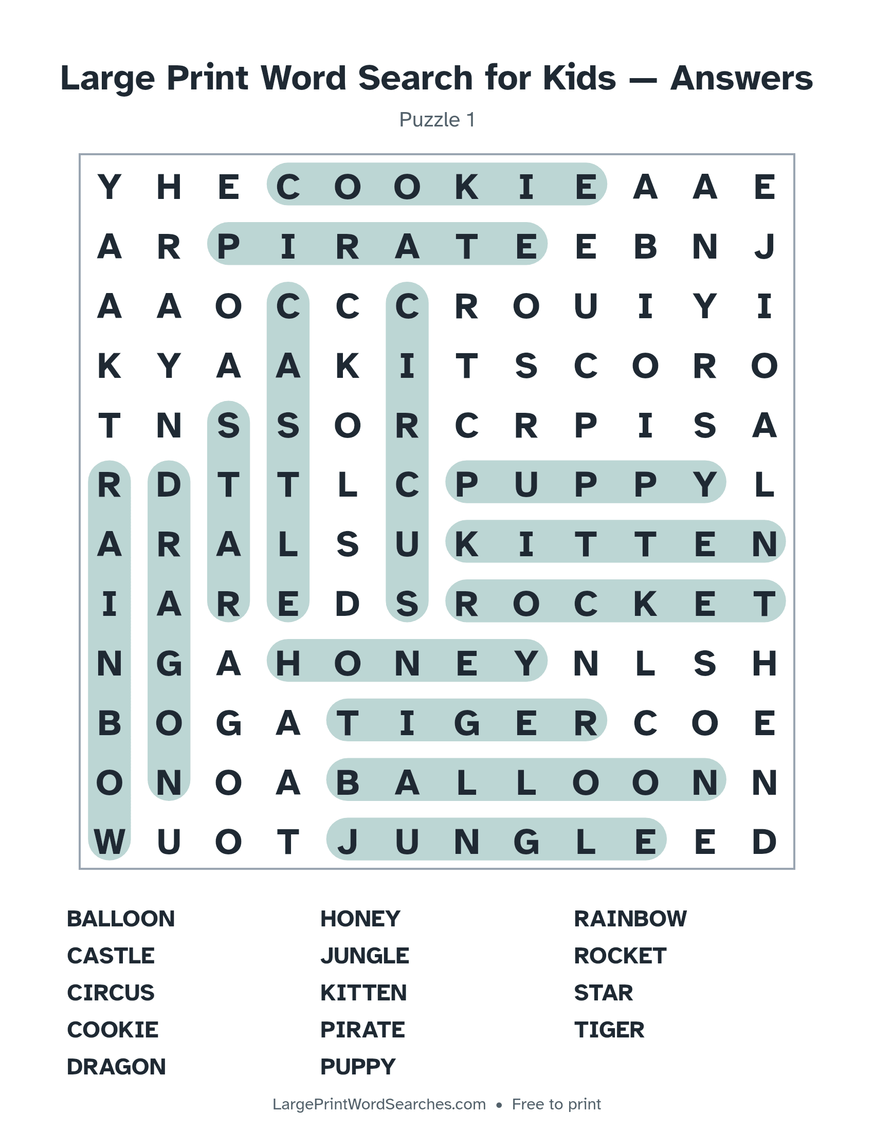Answer key for large print word search for kids puzzle 1 with every hidden word highlighted