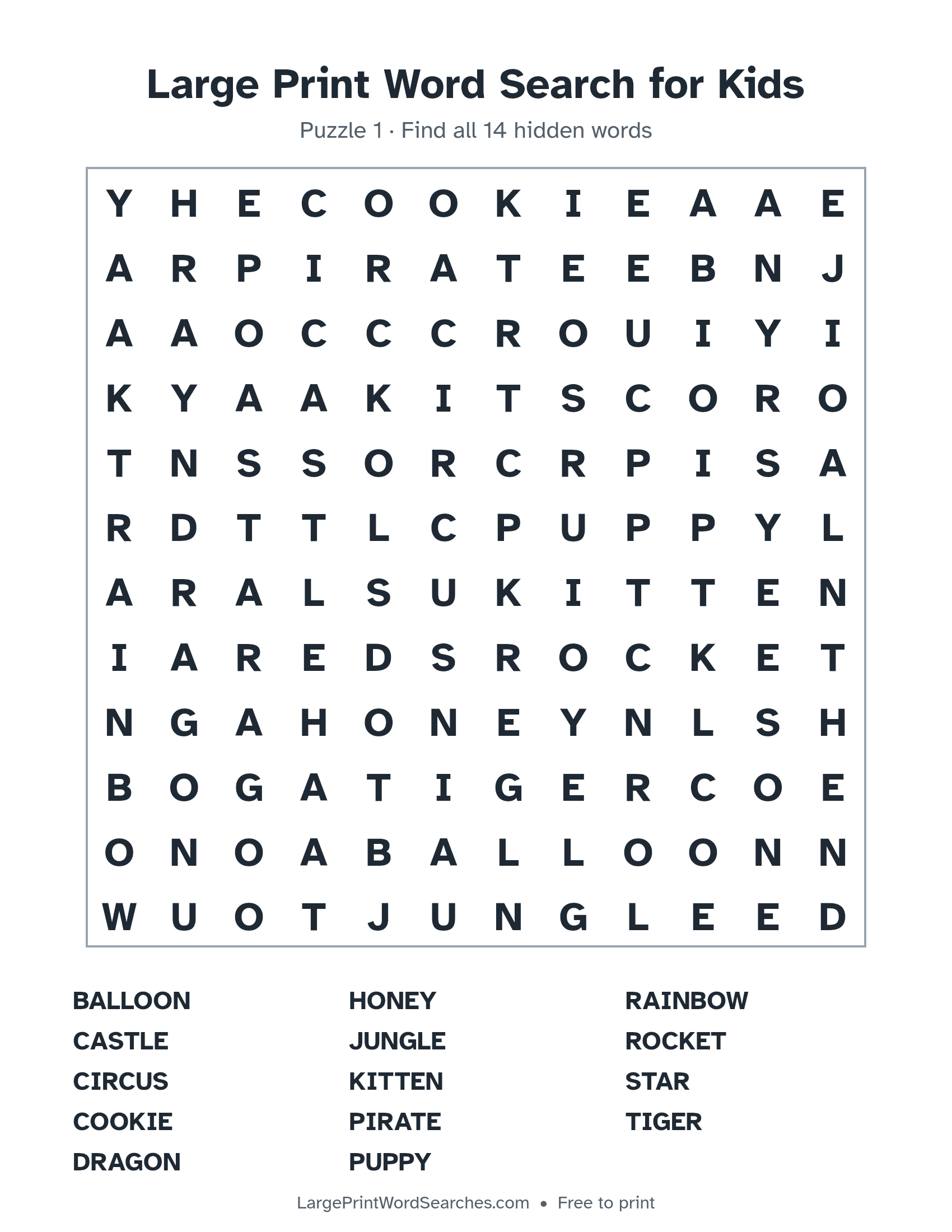 Large Print Word Search for Kids puzzle 1: a 12 by 12 letter grid with 14 hidden words in large print