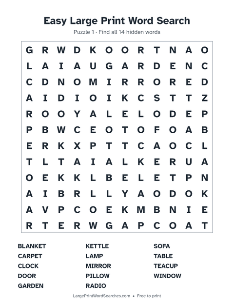 Easy Large Print Word Search — printable sheet preview