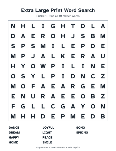 Extra Large Print Word Search — printable sheet preview