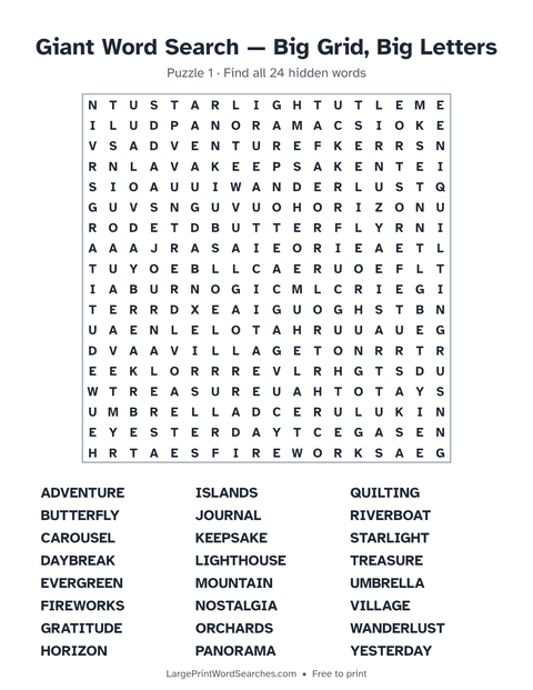 Giant Word Search — Big Grid, Big Letters — printable sheet preview