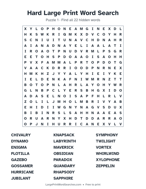 Hard Large Print Word Search — printable sheet preview