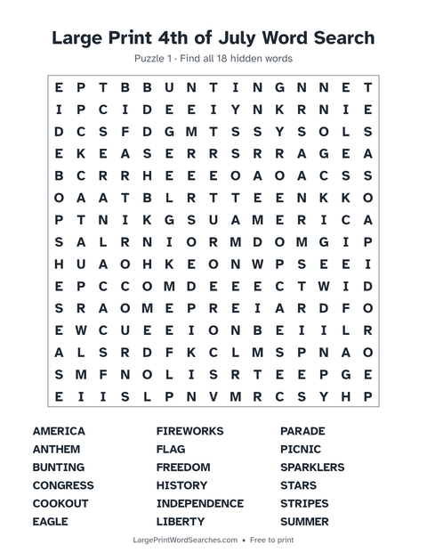 Large Print 4th of July Word Search — printable sheet preview