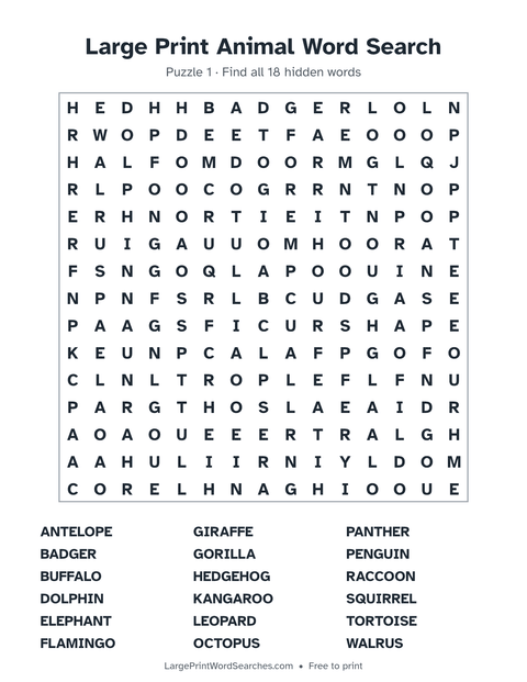 Large Print Animal Word Search — printable sheet preview