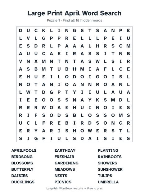 Large Print April Word Search — printable sheet preview