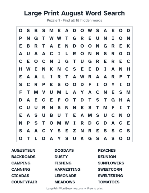 Large Print August Word Search — printable sheet preview