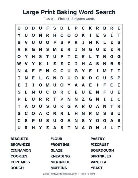 Large Print Baking Word Search — printable sheet preview