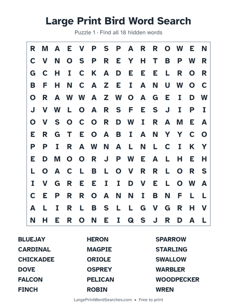 Large Print Bird Word Search — printable sheet preview