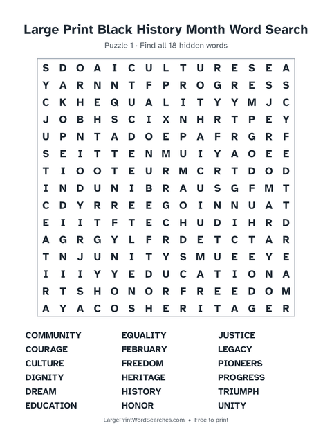Large Print Black History Month Word Search — printable sheet preview
