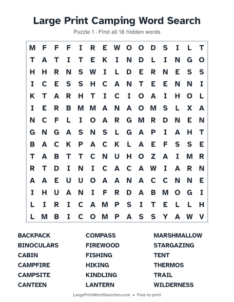 Large Print Camping Word Search — printable sheet preview