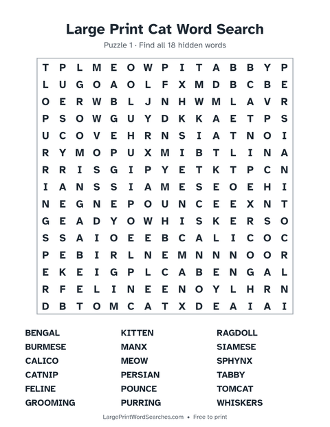 Large Print Cat Word Search — printable sheet preview