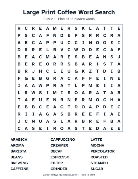 Large Print Coffee Word Search — printable sheet preview