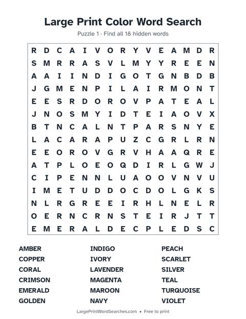 Large Print Color Word Search — printable sheet preview