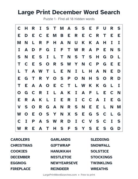 Large Print December Word Search — printable sheet preview