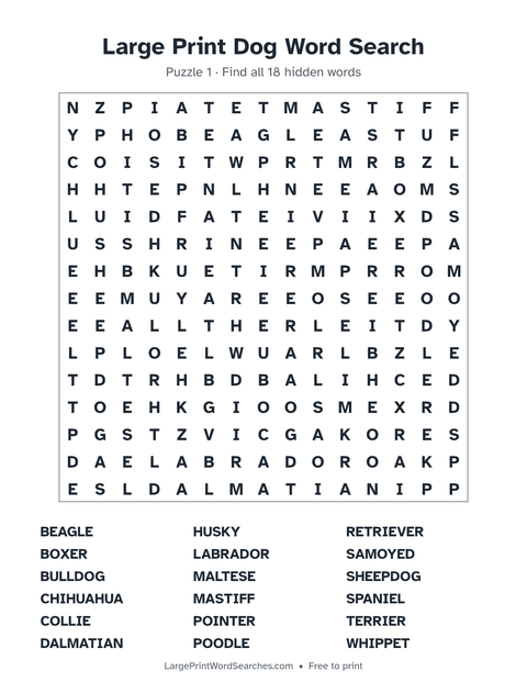 Large Print Dog Word Search — printable sheet preview