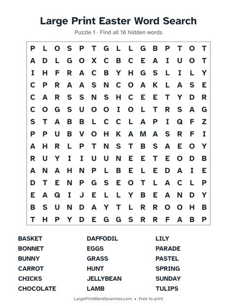 Large Print Easter Word Search — printable sheet preview
