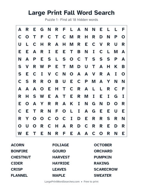 Large Print Fall Word Search — printable sheet preview