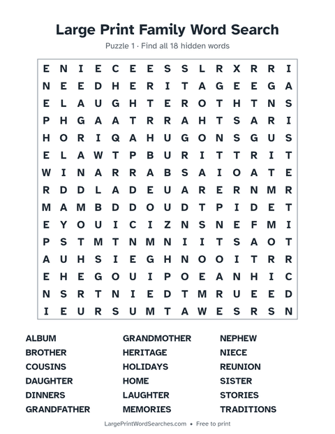 Large Print Family Word Search — printable sheet preview