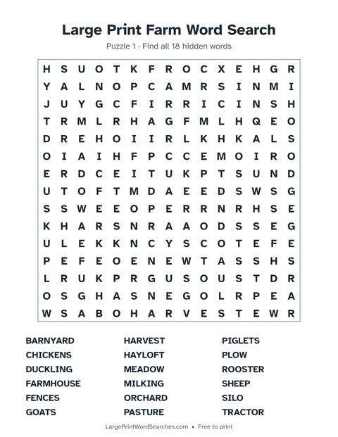 Large Print Farm Word Search — printable sheet preview