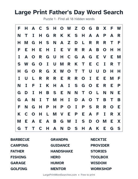 Large Print Father's Day Word Search — printable sheet preview