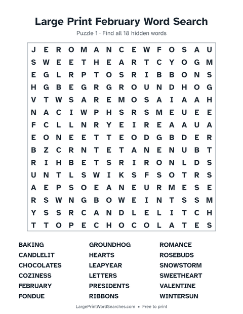 Large Print February Word Search — printable sheet preview