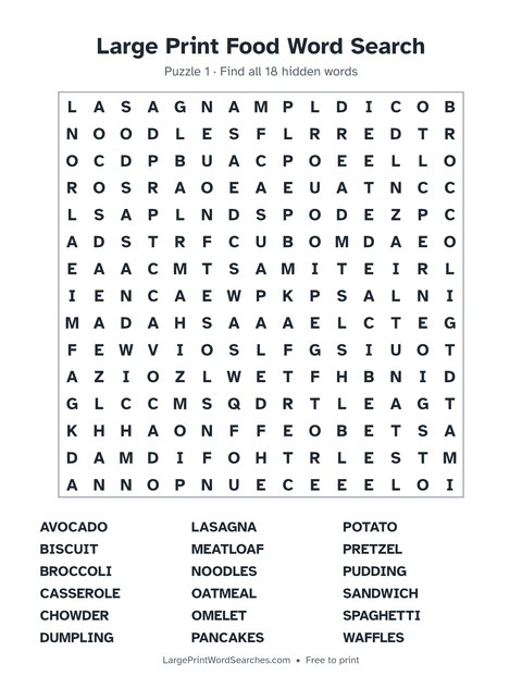 Large Print Food Word Search — printable sheet preview