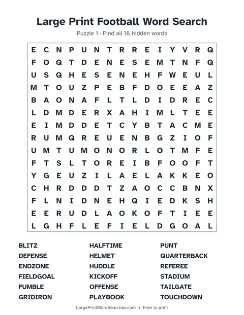 Large Print Football Word Search — printable sheet preview
