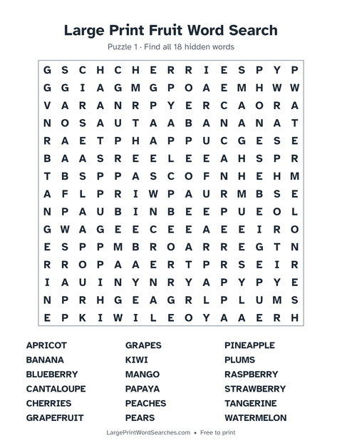 Large Print Fruit Word Search — printable sheet preview