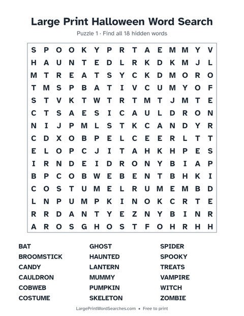 Large Print Halloween Word Search — printable sheet preview