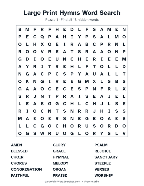 Large Print Hymns Word Search — printable sheet preview
