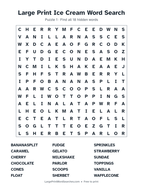 Large Print Ice Cream Word Search — printable sheet preview