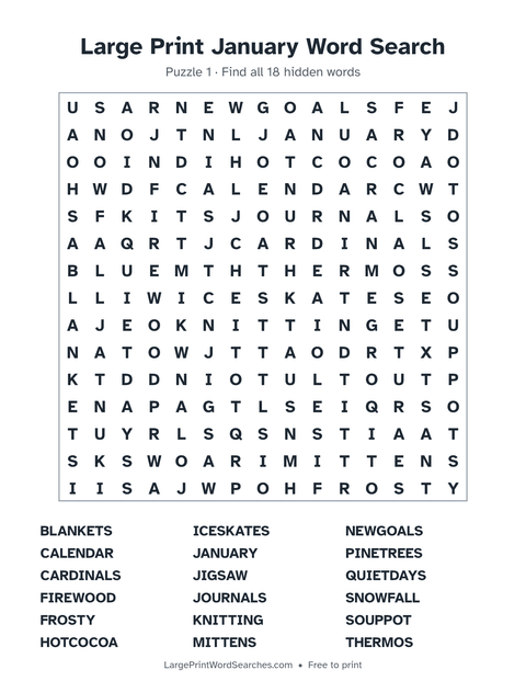 Large Print January Word Search — printable sheet preview