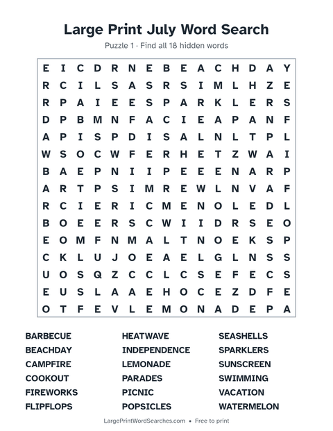 Large Print July Word Search — printable sheet preview