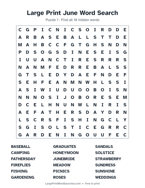 Large Print June Word Search — printable sheet preview