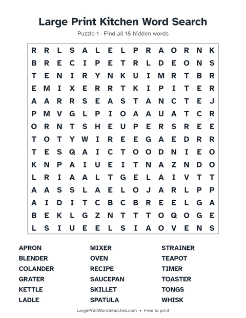 Large Print Kitchen Word Search — printable sheet preview