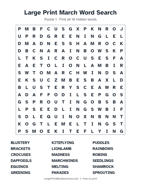 Large Print March Word Search — printable sheet preview