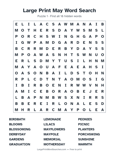 Large Print May Word Search — printable sheet preview