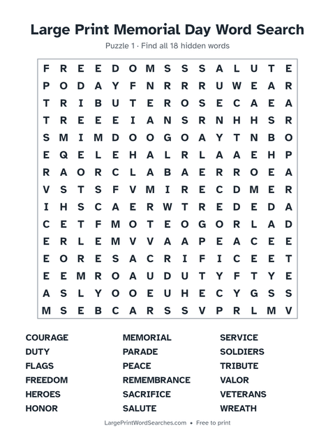 Large Print Memorial Day Word Search — printable sheet preview