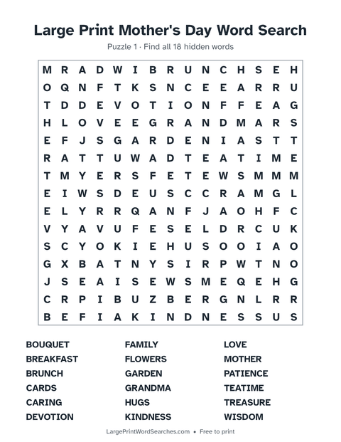 Large Print Mother's Day Word Search — printable sheet preview