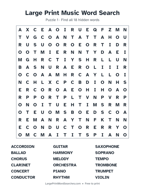 Large Print Music Word Search — printable sheet preview