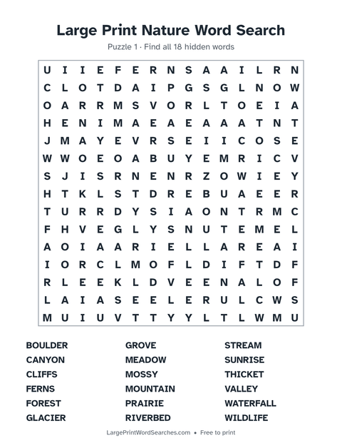 Large Print Nature Word Search — printable sheet preview